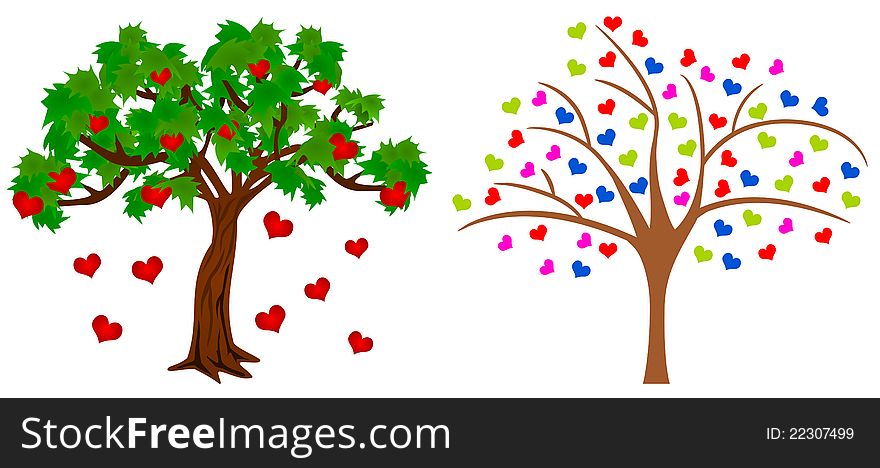 A set of two elegant illustration of trees with fruits of heart. A set of two elegant illustration of trees with fruits of heart