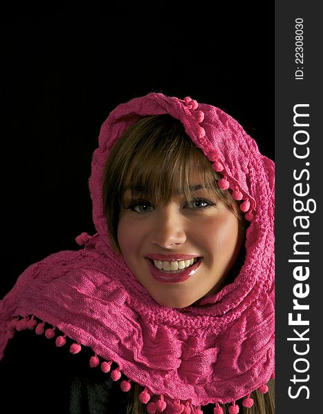 Pretty Young Girl in Pink Head Wrap on Black Backround. Pretty Young Girl in Pink Head Wrap on Black Backround.