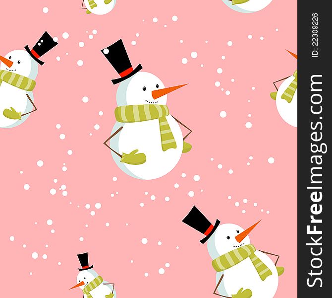 Seamless pattern with cute cartoon Christmas snowman on snow winter background. Seamless pattern with cute cartoon Christmas snowman on snow winter background