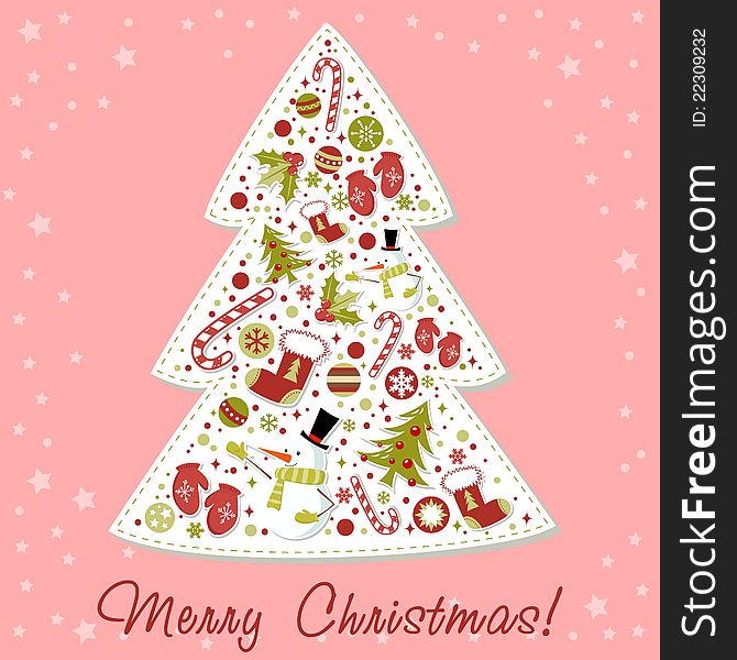 Stylized Christmas tree with xmas toys, balls, snowflakes, cute cartoon mittens, candy cane, holly berries, smiling snowman and red stocking. Stylized Christmas tree with xmas toys, balls, snowflakes, cute cartoon mittens, candy cane, holly berries, smiling snowman and red stocking