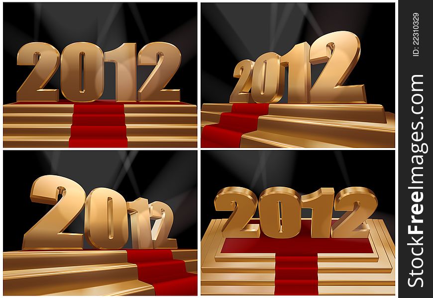 Four 3d render of 2012 greeting on gold podium and red carpet. Four 3d render of 2012 greeting on gold podium and red carpet