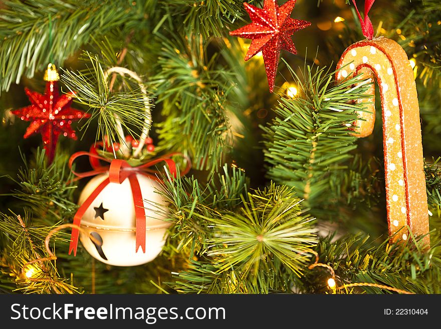 Christmas Decorations hanging in the christmas tree