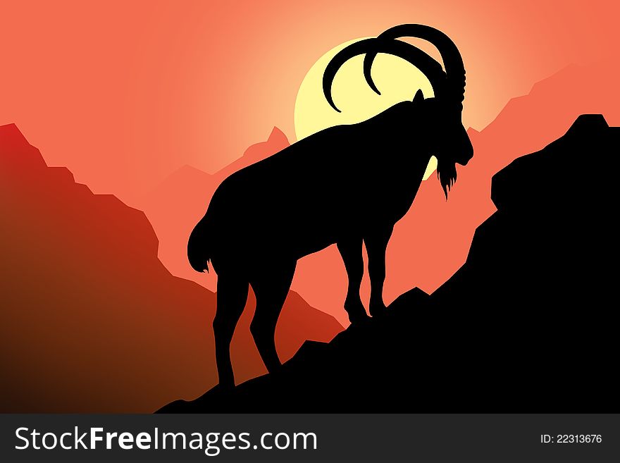 Black silhouette of mountain goat on sunrise background