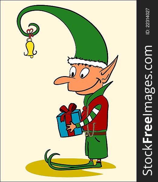 A vector image of a cute christmas elf holding a present box.