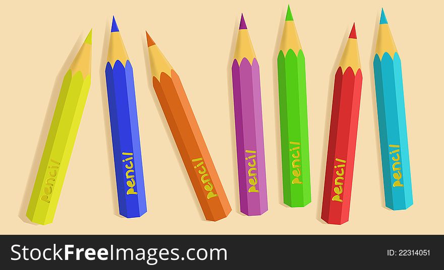 Seven multi-colored pencils, lying on a light-yellow sheet of paper.