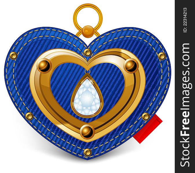 Jewelry heart with diamond on white, vector Valentine illustration.