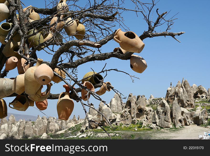 Tree with pottery in Cappadocia, Turkey