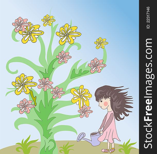 Illustration of small cute girl is watering big fantasy plant with flowers. Illustration of small cute girl is watering big fantasy plant with flowers