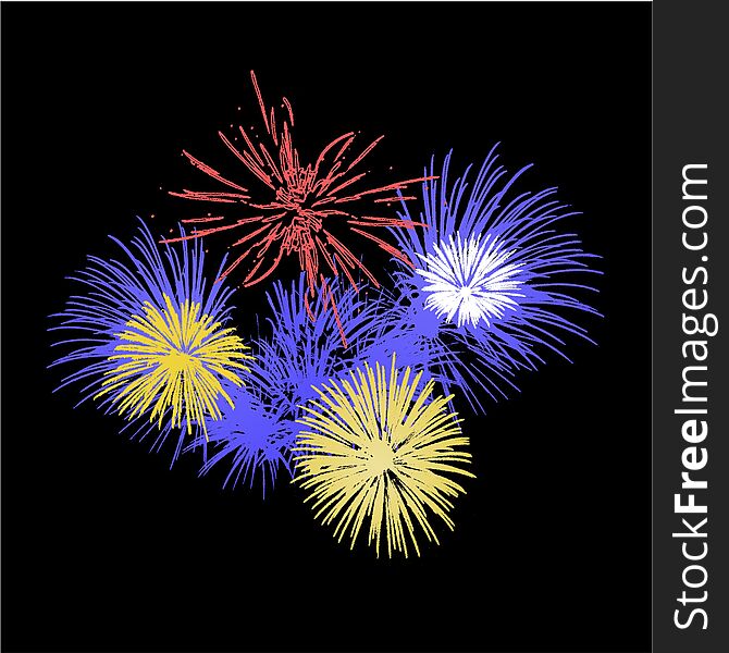 An abstract illustration of stylized red, yellow, white and blue fireworks bursts, on a black background. An abstract illustration of stylized red, yellow, white and blue fireworks bursts, on a black background