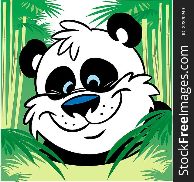 The illustration shows a funny cartoon panda in bamboo