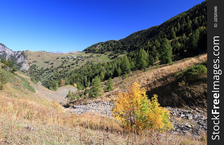 Pastures of Villard-Reymond in the french alps, near the Bourg d'Oisans. Mountain landscape during summer.