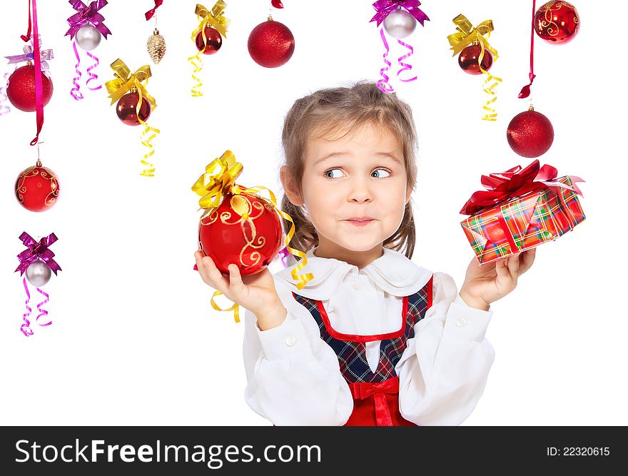 Beautiful girl with presents on a white background