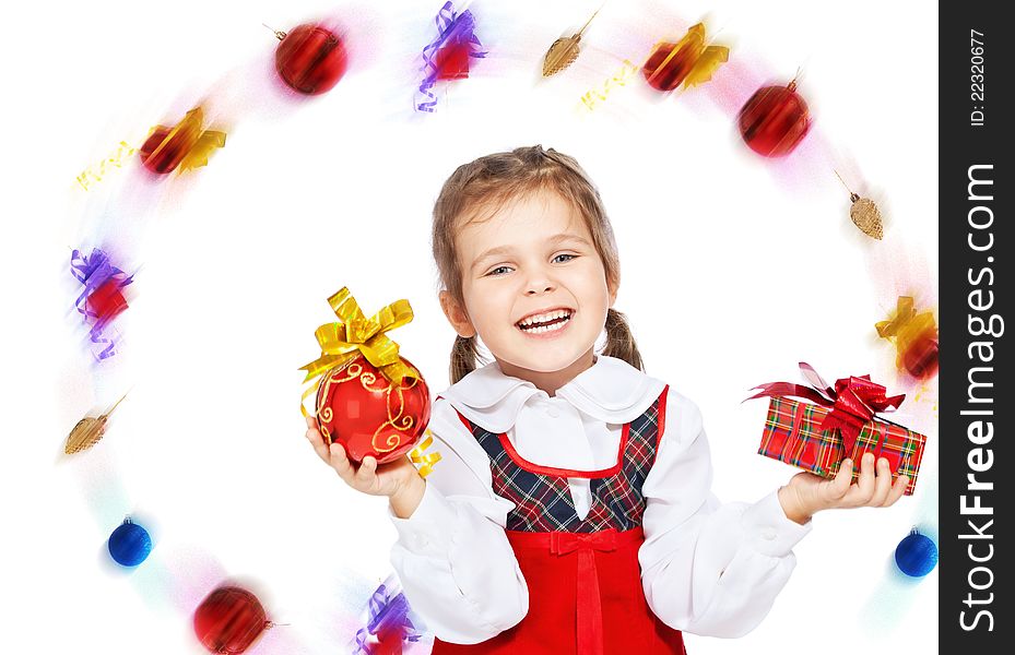 Beautiful Girl With Presents On A White Background