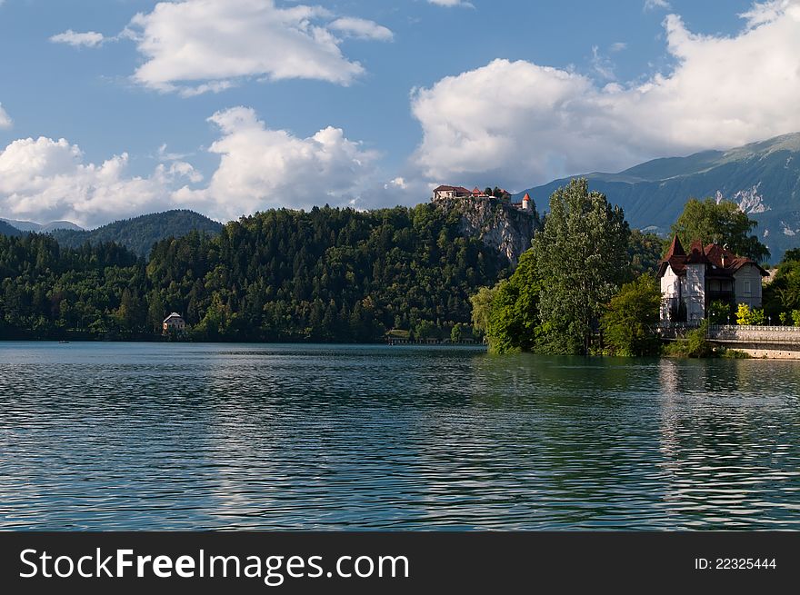 The photo shows Lake Bled, Slovenia. The photo shows Lake Bled, Slovenia
