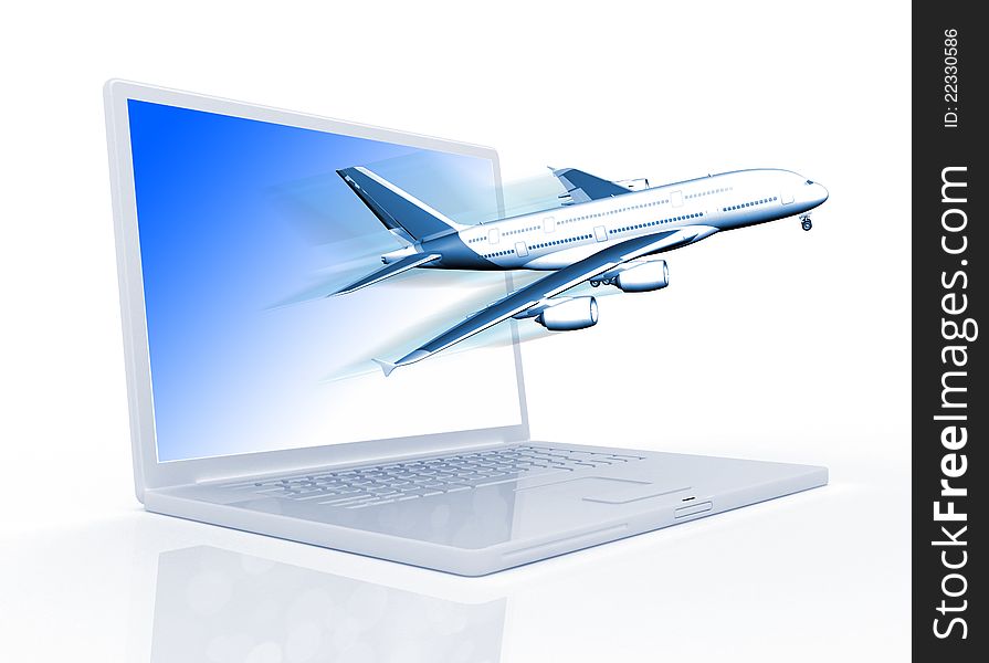 3d composition of a plane and laptop background