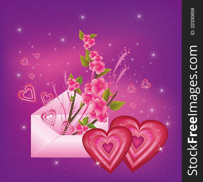 Beautiful  bright Valentine's  Day card  with hearts,  sakura branch, envelope  and colorful elements. Beautiful  bright Valentine's  Day card  with hearts,  sakura branch, envelope  and colorful elements.
