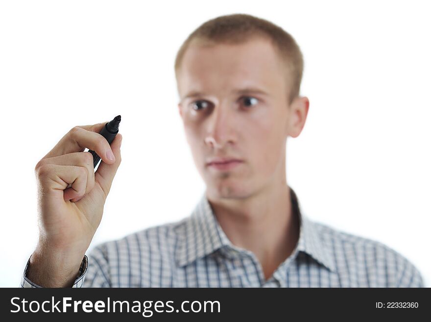 Handsome Young Business Man Touching Screen