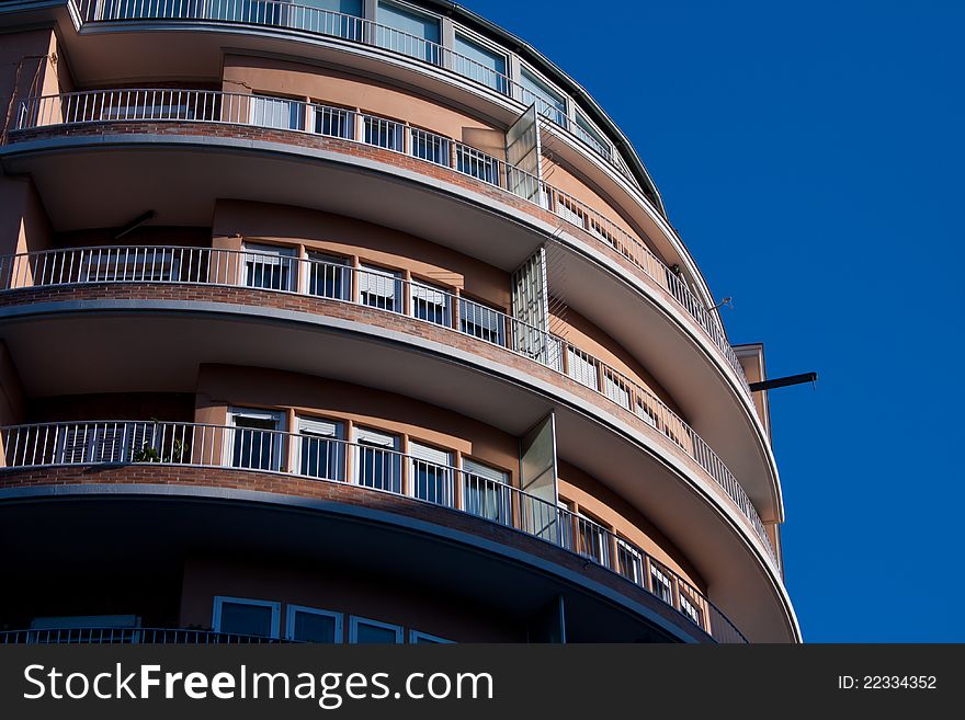 Hotel building in detail on the balconies.