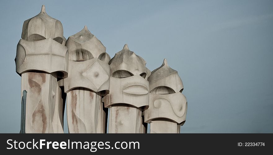 Details of funnels on top of Casa Mila desingned by Antoni Gaudi, Barcelona, Spain. Details of funnels on top of Casa Mila desingned by Antoni Gaudi, Barcelona, Spain.