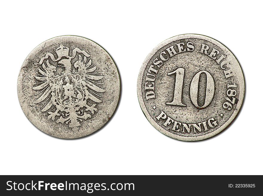 Germany old coin, 10 pfennig year 1876 on white background. Germany old coin, 10 pfennig year 1876 on white background