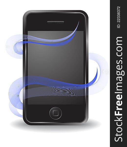 Abstract background with a black phone on the blue waves. Abstract background with a black phone on the blue waves