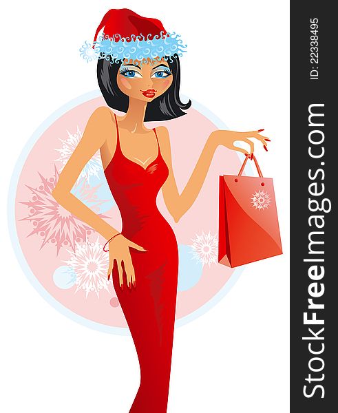 Vector illustration of beautiful younger woman in hat santa that is keeping package. Vector illustration of beautiful younger woman in hat santa that is keeping package