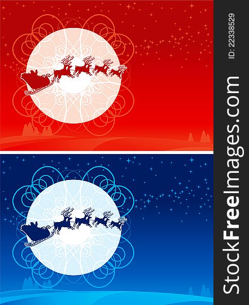 Two vector christmas cards with flying of Santa Claus Sledge and his reindeers. Two vector christmas cards with flying of Santa Claus Sledge and his reindeers