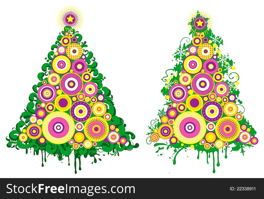 Two vector abstract christmas trees at grunge style for christmas card.