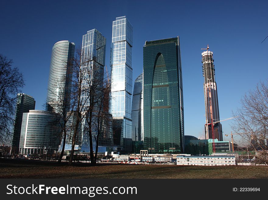 Russia, Moscow. High-rise buildings in the complex Moscow-City.
