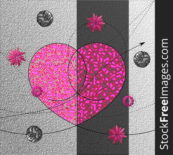 An abstract illustration of an embellished pink heart, on a background of textured gray paper, with whimsical lines, arrows, buttons and flowers. An abstract illustration of an embellished pink heart, on a background of textured gray paper, with whimsical lines, arrows, buttons and flowers.