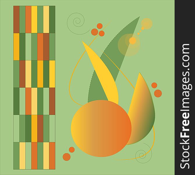 An abstract illustration featuring yellow, orange and green fruit and vegetables, with a mosaic of similar colors, on a green background. Just the kind of fresh, bright, colorful food you would find in the spring and summer at the farmers' market. An abstract illustration featuring yellow, orange and green fruit and vegetables, with a mosaic of similar colors, on a green background. Just the kind of fresh, bright, colorful food you would find in the spring and summer at the farmers' market.