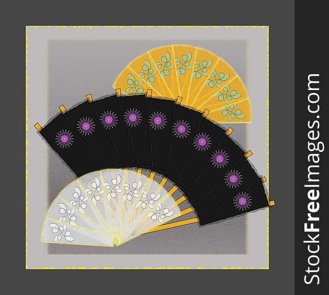 An abstract illustration of a trio of folding fans, in orange, black and white. A glimpse into another cuture. An abstract illustration of a trio of folding fans, in orange, black and white. A glimpse into another cuture.