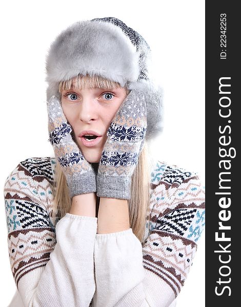 Surprised Young Woman In Winter Clothes