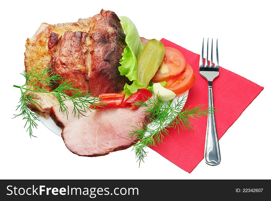 Roast meat with vegetables on a white background