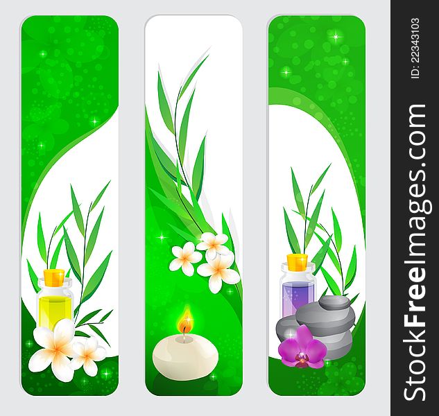 Floral banner with a candle, pebbles and aromatic oils. Floral banner with a candle, pebbles and aromatic oils