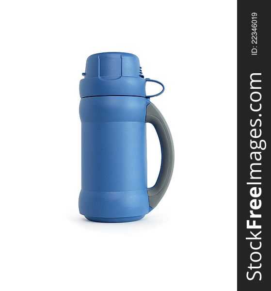 Closed modern blue thermos on white background. Isolated with clipping path. Closed modern blue thermos on white background. Isolated with clipping path
