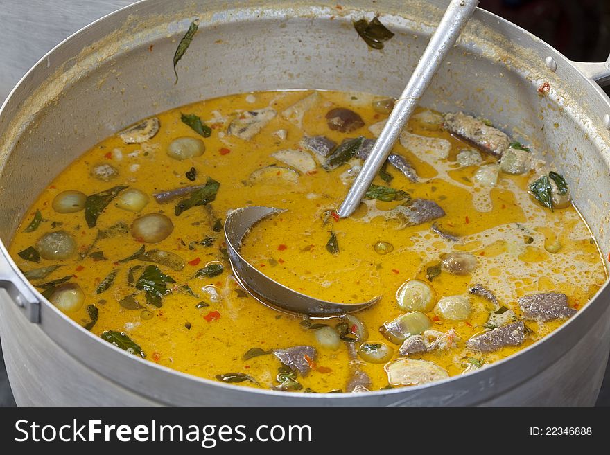 Beef or chicken green curry, Thai food prepared in the big pot