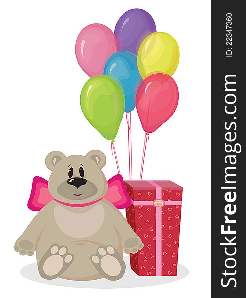 Gift in boxes, balloons and toys on a white background. Gift in boxes, balloons and toys on a white background
