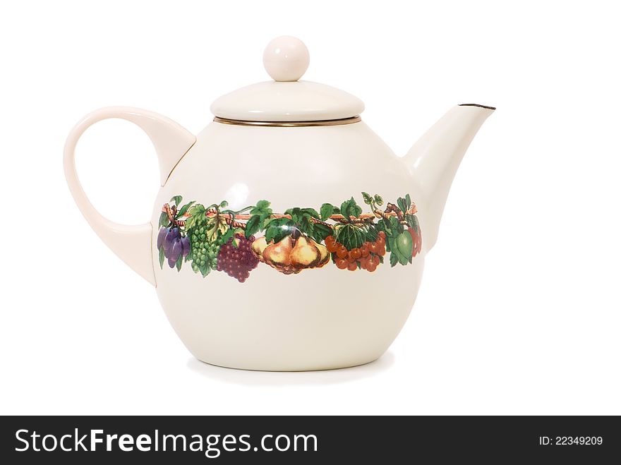 Teapot enamel with drawing, on white background. Teapot enamel with drawing, on white background