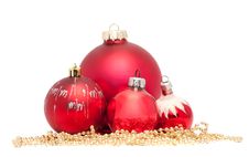 Four Red Christmas Balls With Golden Beads Stock Photos Four Red Christmas Balls With Golden Beads Stock Photos