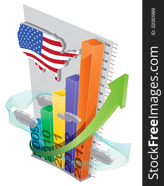 Raising economy chart with 5 bars and USA flag and map.