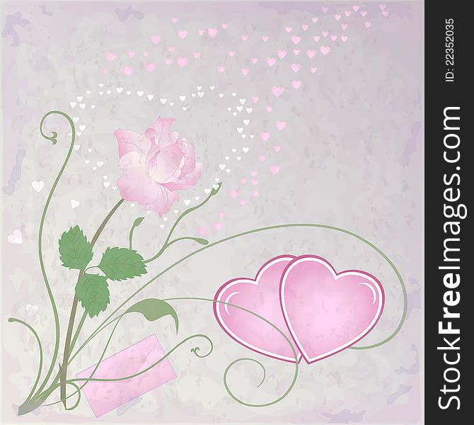 Vector romantic background with hearts and rose