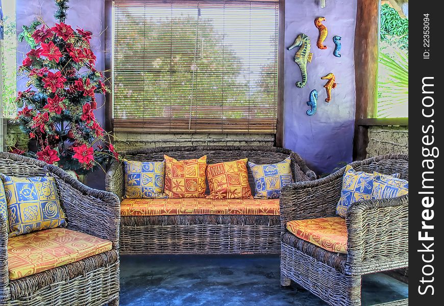 Rustic tropical christma with tree and couch - Bahia - Brazil. Rustic tropical christma with tree and couch - Bahia - Brazil