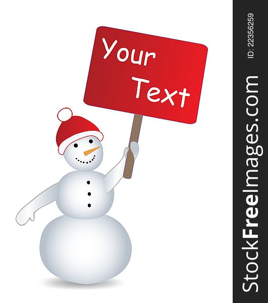 Isolated snowman with billboard and place for text