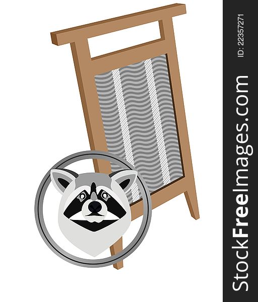 Round icon with a raccoon's head against an old washboard. The illustration on a white background. Round icon with a raccoon's head against an old washboard. The illustration on a white background