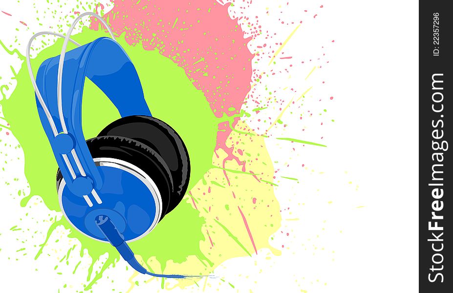 Blue vector headphones with splashes on background. Blue vector headphones with splashes on background
