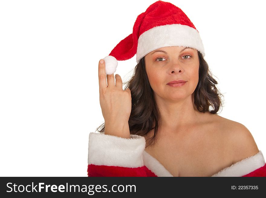 Studio portrait of a young brunette woman dressed as Santa. Studio portrait of a young brunette woman dressed as Santa