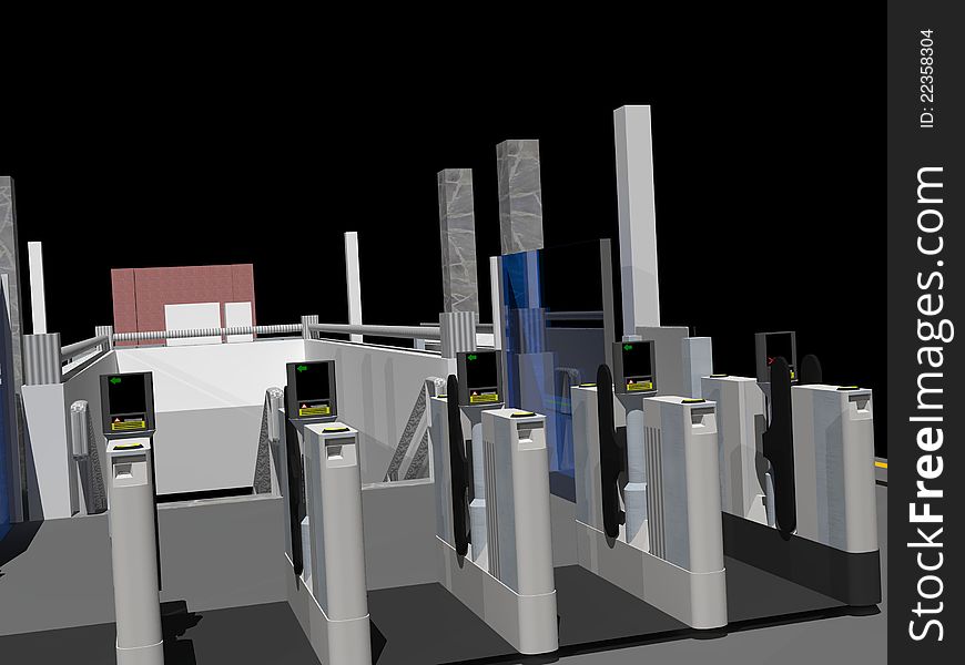 Unmanned Ticket gates in a 3D fantasy station. Unmanned Ticket gates in a 3D fantasy station
