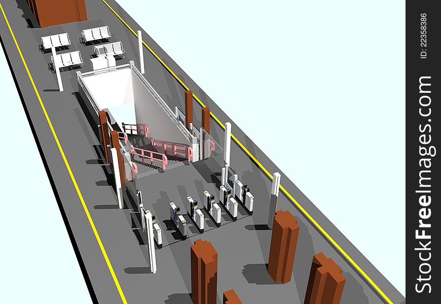 A 3D illustration of an island platform of a n imaginary station. A 3D illustration of an island platform of a n imaginary station