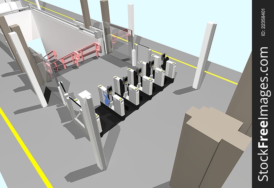 Detail of a 3d illustration of an imaginary station island platform. Detail of a 3d illustration of an imaginary station island platform